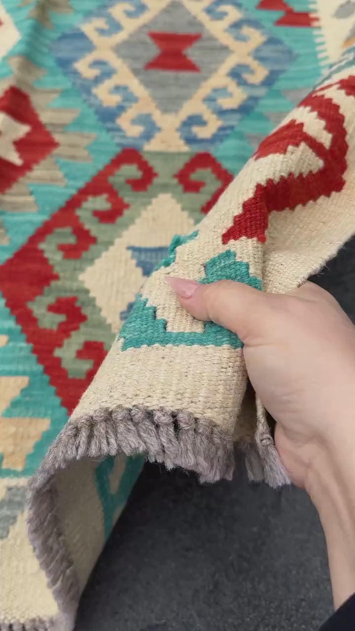3x5 (91x152) Handmade Afghan Kilim Rug | Cream Teal Turquoise Saffron Peach Orange Scarlet Blood Red Grey Taupe Denim Blue | Wool Flatweave