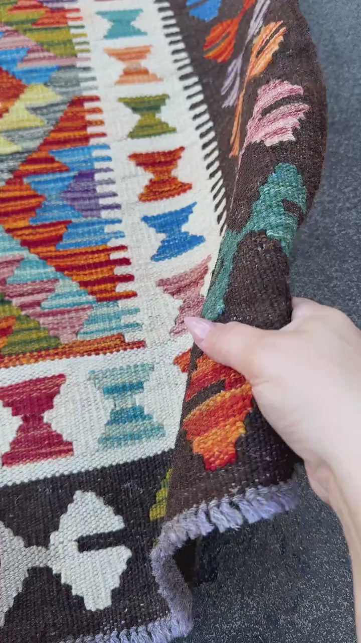 3x5 (91x152) Handmade Afghan Kilim Rug | Cream Burnt Orange Denim Blue Charcoal Grey Olive Moss Green Purple Teal Red | Wool Turkish