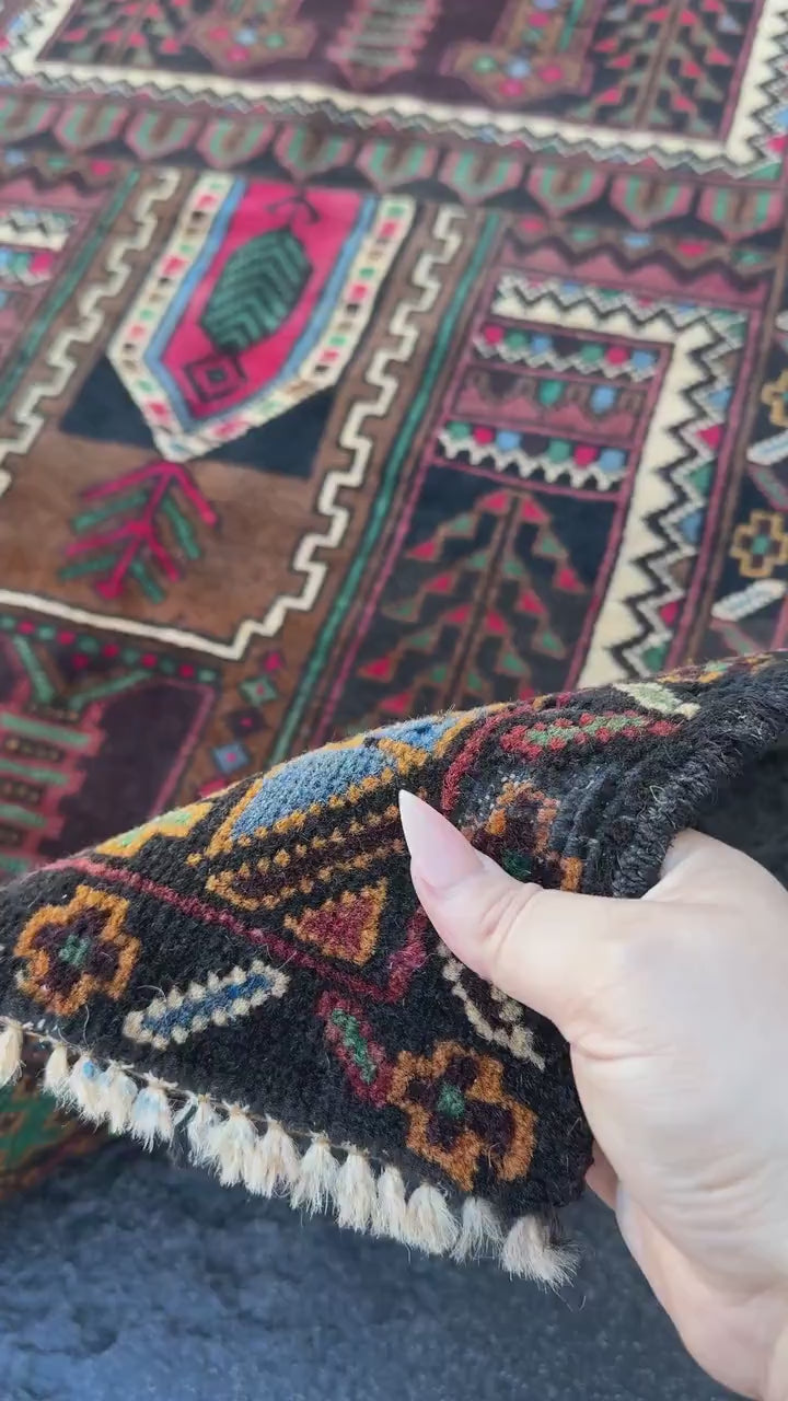 3x4-5 Handmade Vintage Afghan Baluch Rug Black Pine Forest Green Brick Burgundy Crimson Red Cream Caramel Coffee Brown Denim Blue Yellow