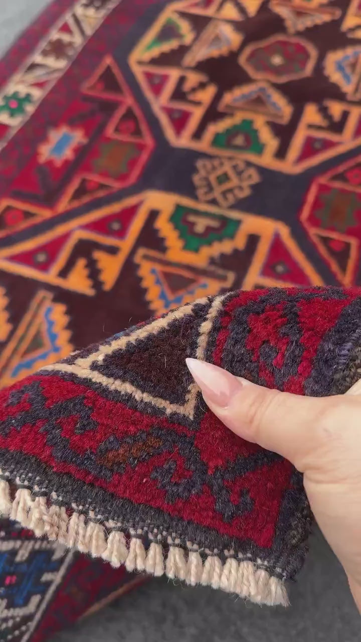 3x4-5 Handmade Vintage Afghan Baluch Rug | Red Crimson Blood Wine Burgundy Cream Gold Mustard Yellow Orange Forest Green Blue Tan Brown