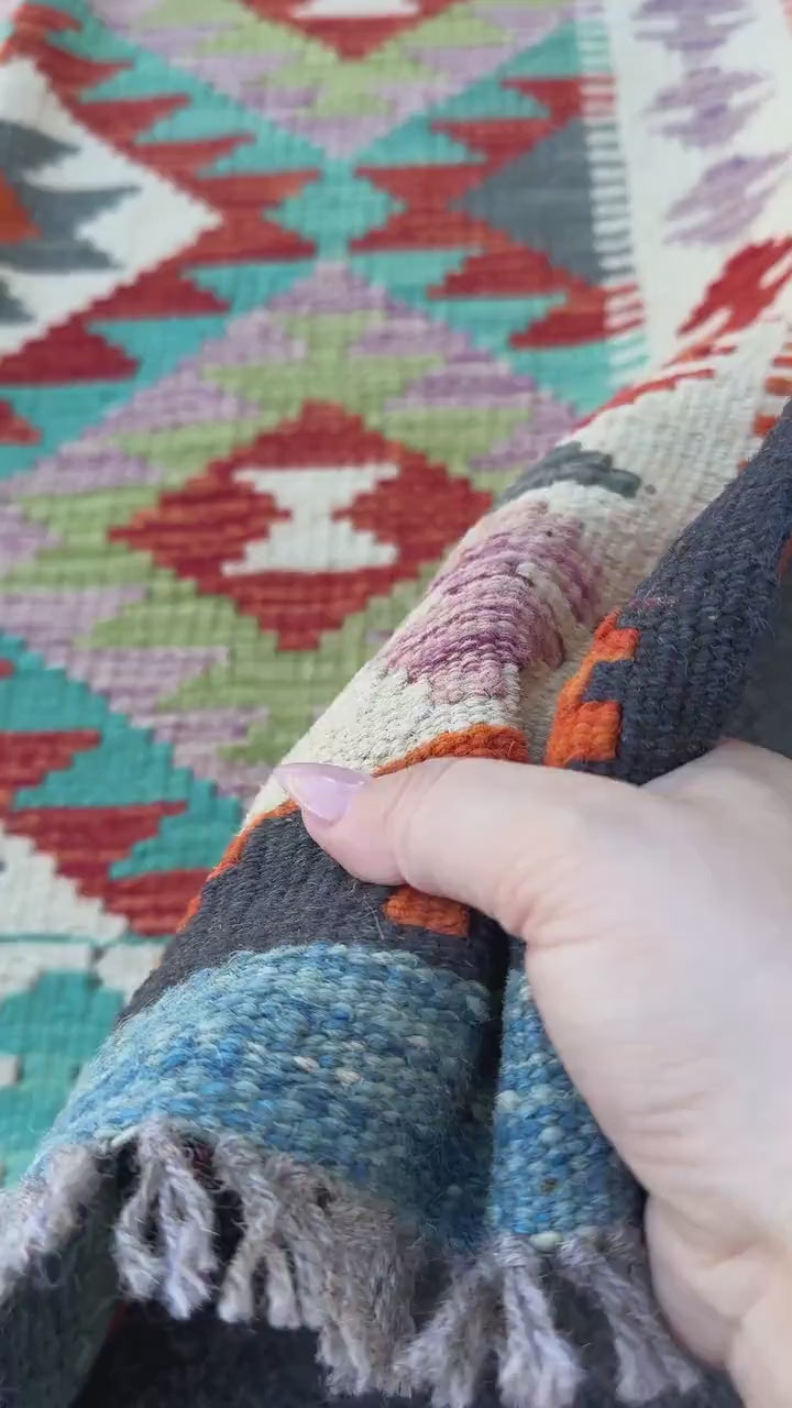 3x7 (100x200) Handmade Afghan Kilim Runner Rug | Cream Orange Brick Blood Red Lilac Purple Brown Teal Olive Green Grey Yellow | Wool Turkish