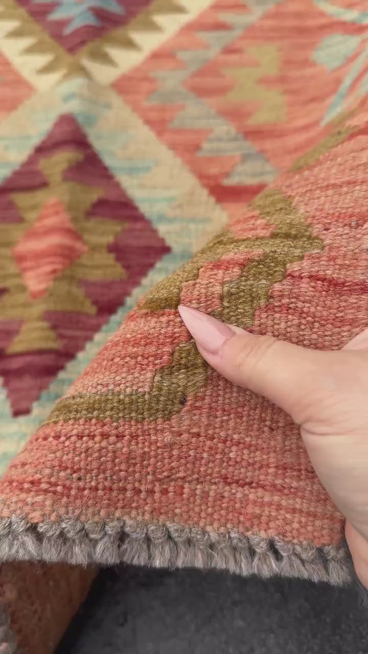 2x6-7 (61x200) Handmade Afghan Kilim Runner Rug | Coral Orange Wine Burgundy Red Cream Yellow Taupe Tan Coffee Brown Baby Denim Blue | Wool