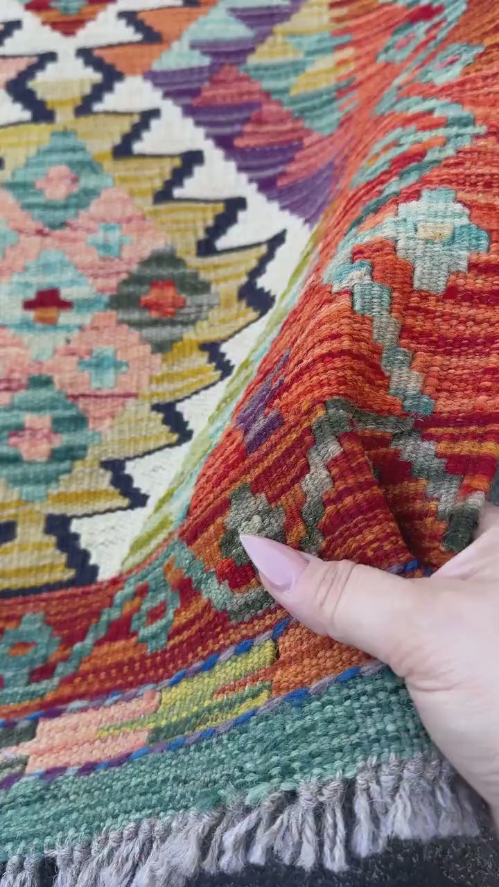 3x5 (91x152) Handmade Afghan Kilim Rug | Burnt Orange Olive Moss Green Ivory Teal Charcal Grey Purple Mustard Midnight Blue | Wool Flatwoven