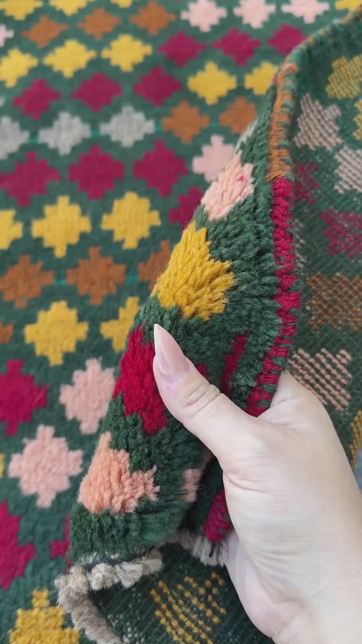 4x6 Handmade Vintage Afghan Baluch Rug | Pine Forest Green Mustard Gold Chocolate Brown Salmon Pink Peach Brick Red Grey | Wool Flatwoven