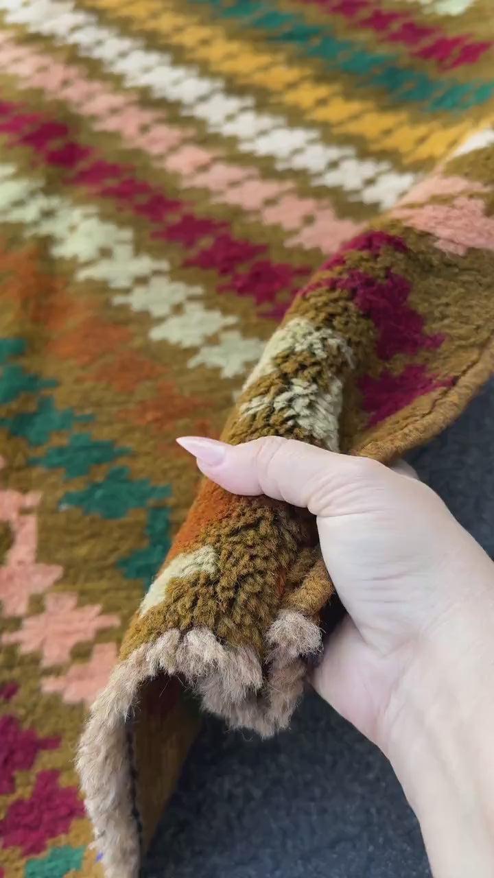 3x10 Handmade Vintage Afghan Baluch Runner Rug | Chocolate Brown Forest Olive Green Rose Salmon Pink Orange Rust Red Mustard Blue Grey