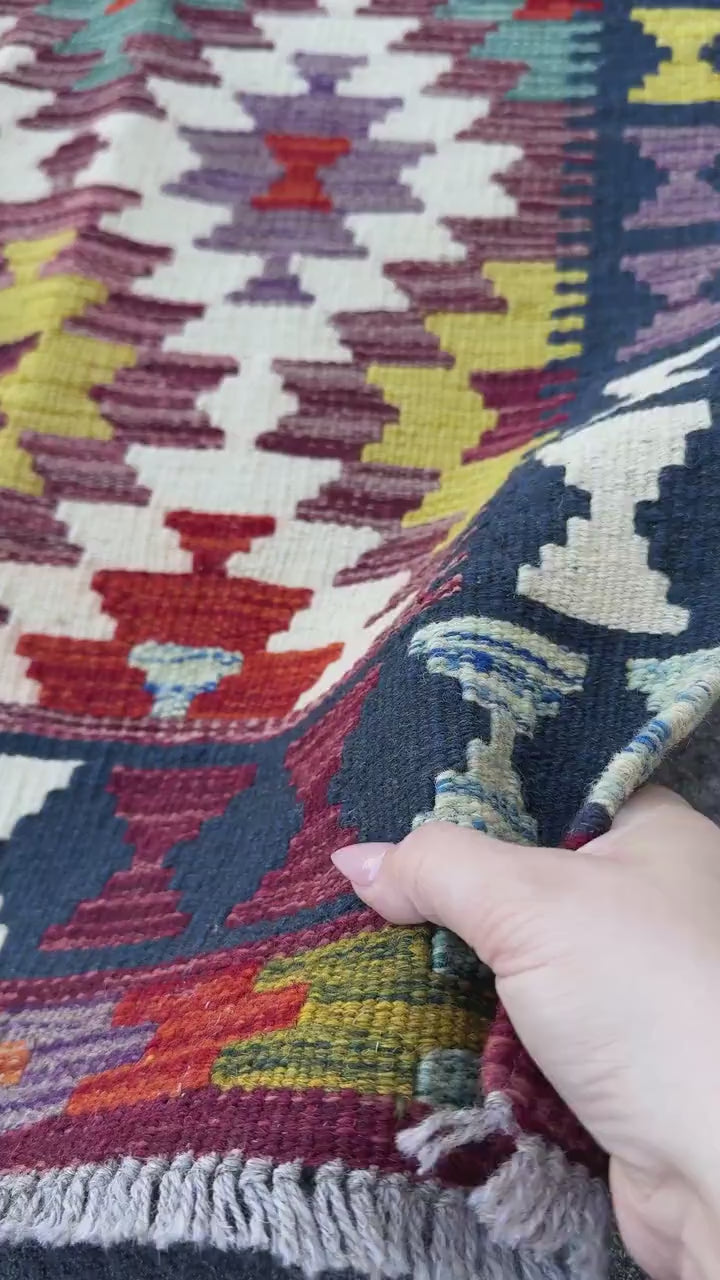 2x5 Handmade Afghan Kilim Runner Rug | Cream White Rust Red Mustard Yellow Burnt Orange Olive Green Teal Aqua Blue Navy Purple Grey | Wool