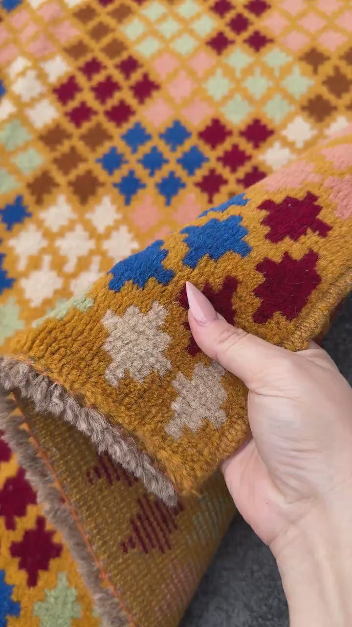 4x6 Handmade Vintage Afghan Baluch Rug | Mustard Yellow Copper Brown Cream Peach Rust Red Olive Mint Green Teal Navy Blue | Wool Flatwoven