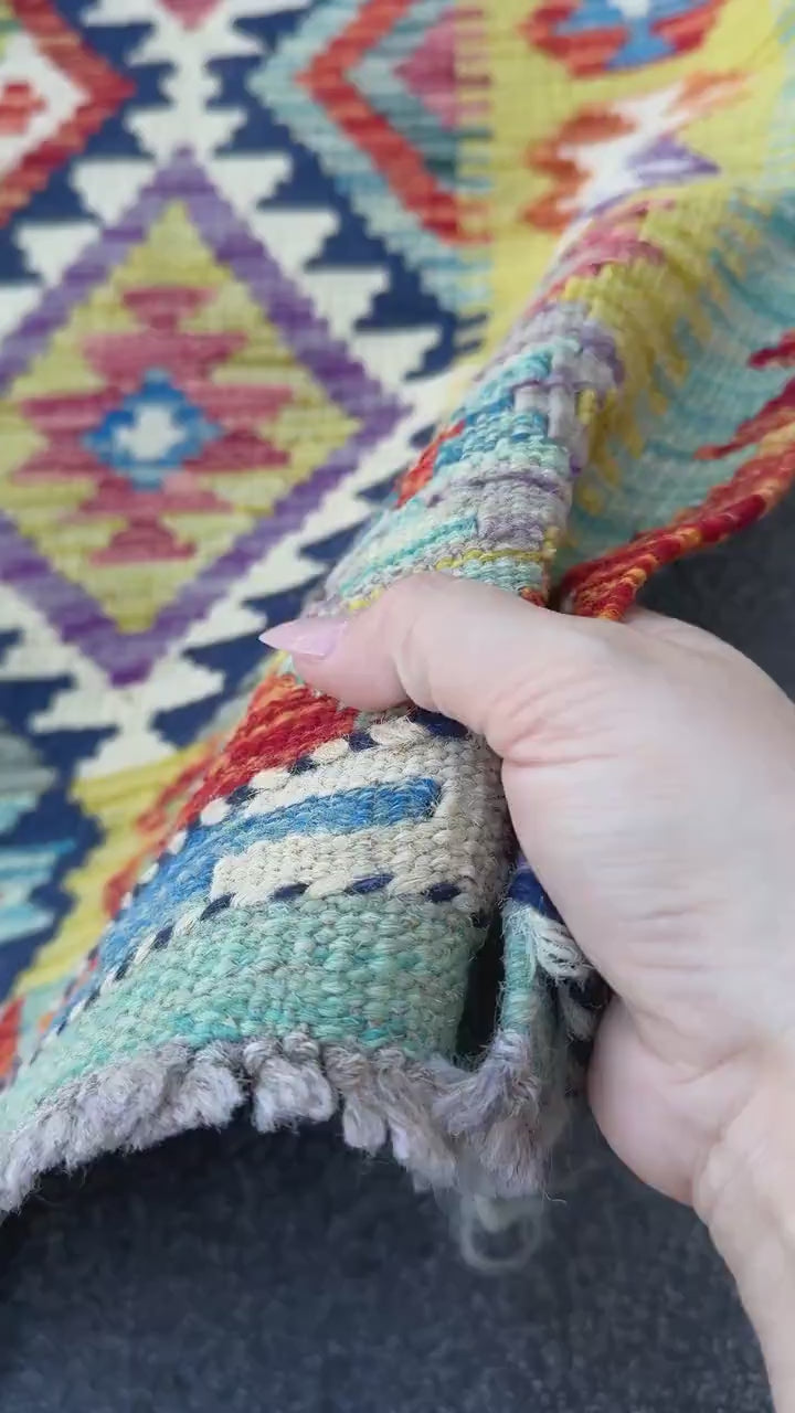 3x5 (91x152) Handmade Afghan Kilim Rug | Olive Green Navy Blue Aqua Turquoise Teal Rust Burnt Orange Mauve Purple Cream White Red | Wool