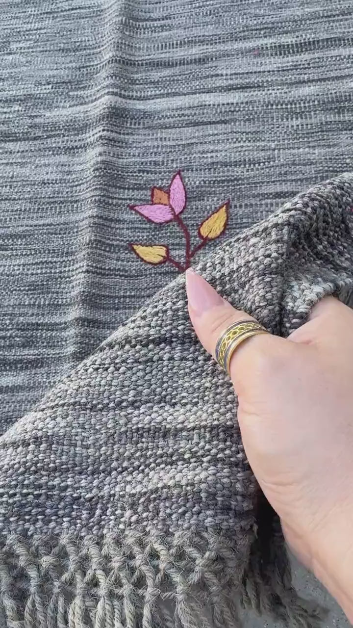 7x10 (213x304) Handmade Afghan Kilim Rug | Grey Gray Blush Rose Pink Red Burgundy Gold Yellow Blue | Wool Flatweave Floral Handwoven Accents