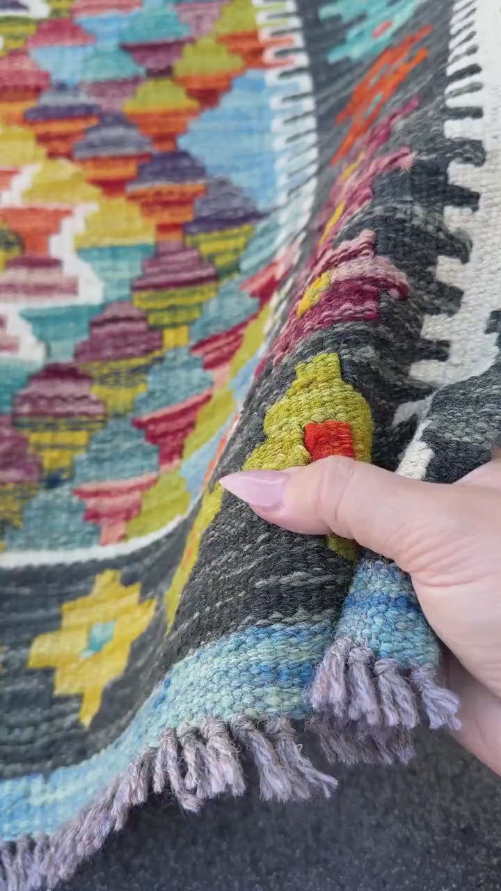 3x4 Handmade Afghan Kilim Rug | Charcoal Grey Burnt Orange Olive Moss Green Aqua Teal Maroon Mustard Yellow Red Denim Blue | Wool Flatwoven