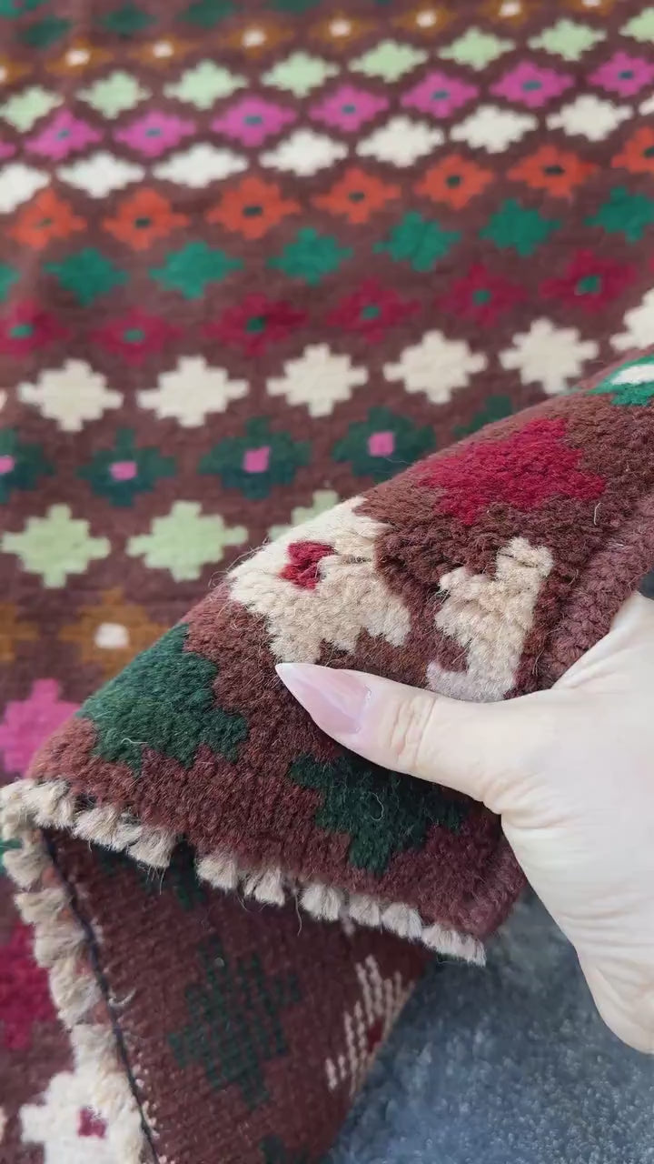 3x5 Handmade Vintage Afghan Baluch Rug | Chocolate Copper Brown Forest Mint Pine Green Brick Red Rose Pink Cream White Burnt Orange