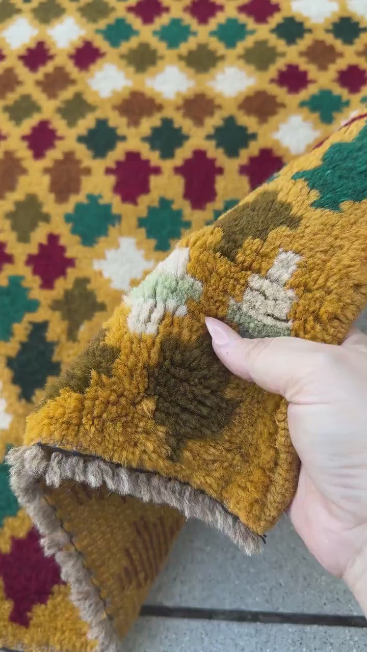 4x6 Handmade Vintage Afghan Baluch Rug | Mustard Gold White Copper Chocolate Brown Forest Pine Olive Green Brick Red | Wool Flatwoven