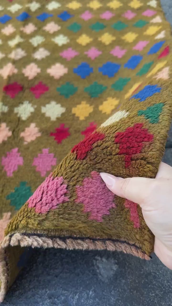 3x9 (90x275) Handmade Vintage Afghan Baluch Runner Rug | Chocolate Brown Rose Salmon Pink Forest Mint Green Blue Brick Red Mustard Yellow