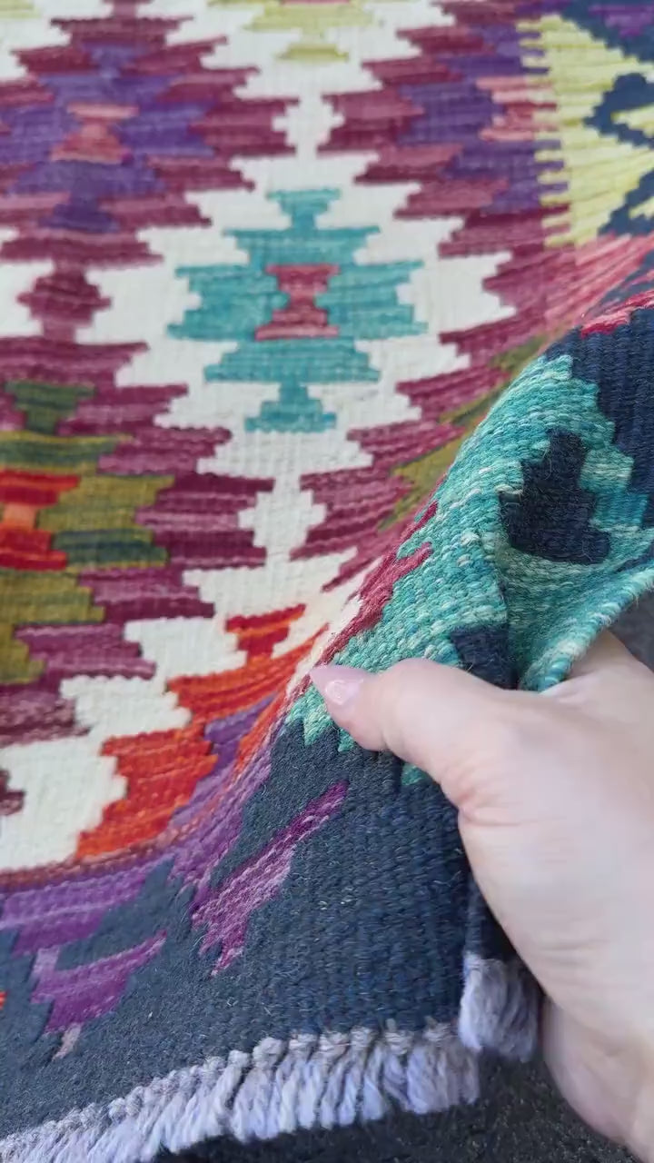 2x5 Handmade Afghan Kilim Runner Rug | Maroon Cream White Eggplant Purple Aqua Teal Lime Olive Green Blood Red Midnight Blue | Flatwoven