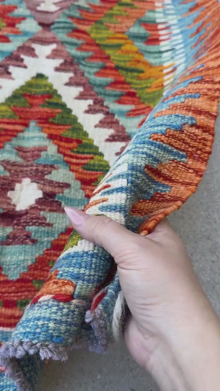 2x3 (61x91) Handmade Afghan Kilim Rug | Burnt Orange Aqua Sky Denim Blue Cream Forest Moss Green Maroon Burgundy Red White | Wool Flatweave