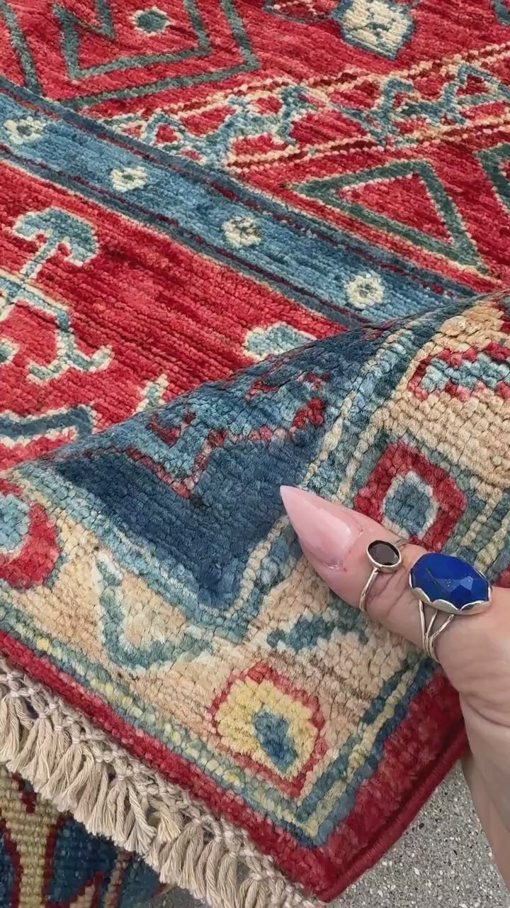 9x12 Handmade Afghan Wool Rug | Bold Tribal Medallion | Red And Blue Area Rug