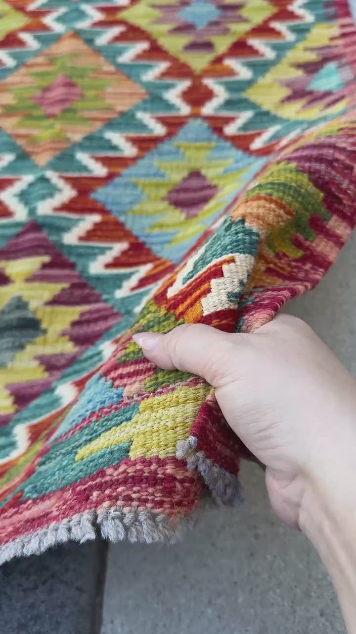 2x5 Handmade Afghan Kilim Runner Rug | Burnt Orange Rust Red Cream White Aqua Teal Olive Moss Green Maroon Turquoise Charcoal Grey | Wool