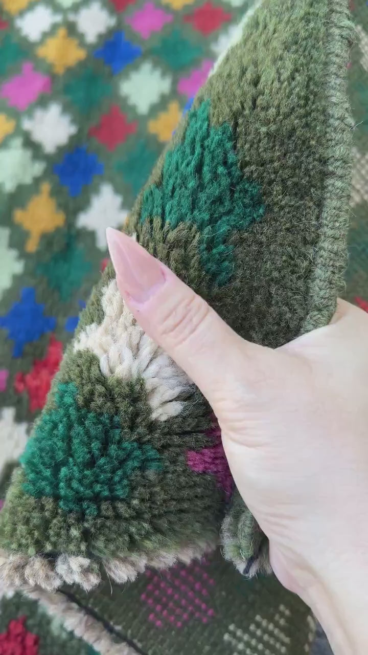4x6 Handmade Vintage Afghan Baluch Rug | Pine Forest Mint Green Mustard Gold Brick Red White Rose Pink Navy Blue | Wool Flatwoven