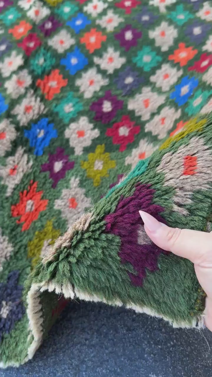 3x10 (90x305) Handmade Vintage Afghan Baluch Runner Rug | Forest Pine Olive Green Orange Charcoal Grey Maroon Blue | Wool Flatwoven