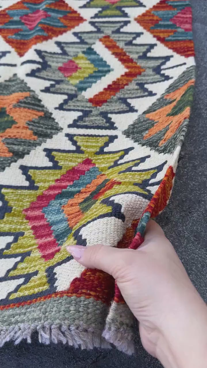 2x5 (61x152) Handmade Afghan Kilim Runner Rug | Cream White Denim Navy Blue Grey Moss Olive Green Brick Rose Crimson Red | Wool Flatweave