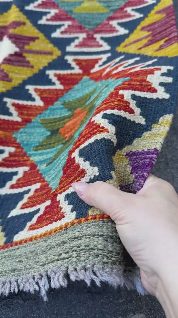 2x5 Handmade Afghan Kilim Runner Rug | Midnight Blue Blood Red Burnt Orange Cream Olive Moss Green Purple Mustard Ivory Denim | Wool Turkish