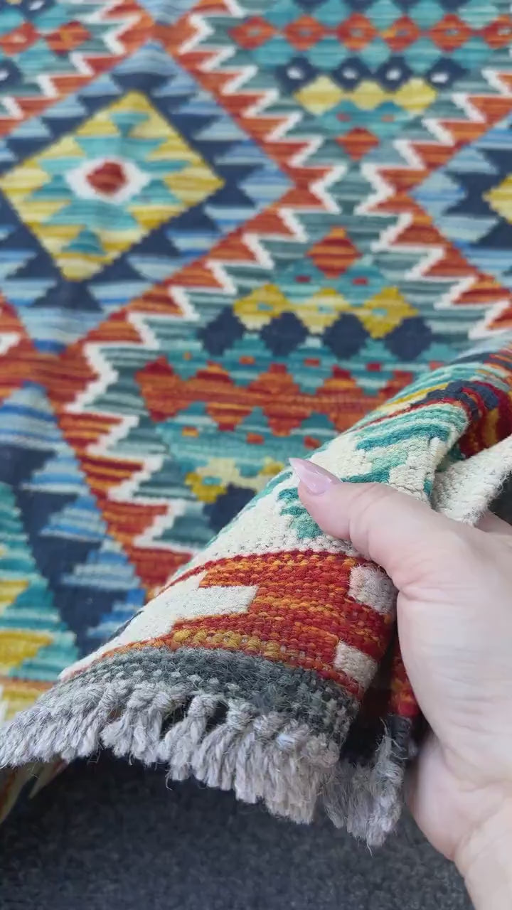 3x4 Handmade Afghan Kilim Rug | Cream White Teal Aqua Blue Navy Rust Red Burnt Orange Mustard Yellow Olive Green Grey | Wool Flatwoven