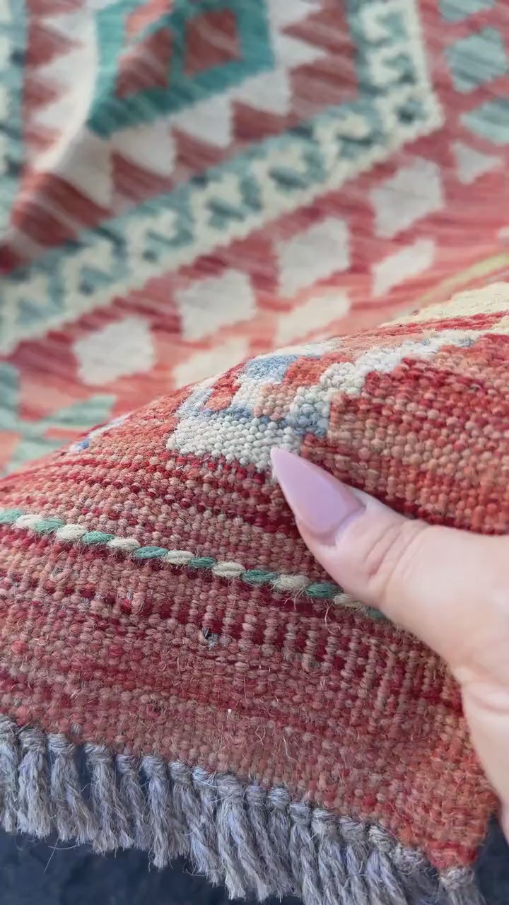 3x5 (91x152) Handmade Afghan Kilim Rug | Brick Red Teal Aqua Denim Blue Beige Tan Sage Mint Green Cream Purple | Wool Geometric Flatweave