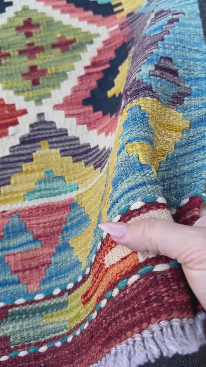 3x4 Handmade Afghan Kilim Rug | Aqua Blue Mustard Yellow Olive Green Brick Rose Red Cream White Teal Purple Grey Black | Wool Flatwoven