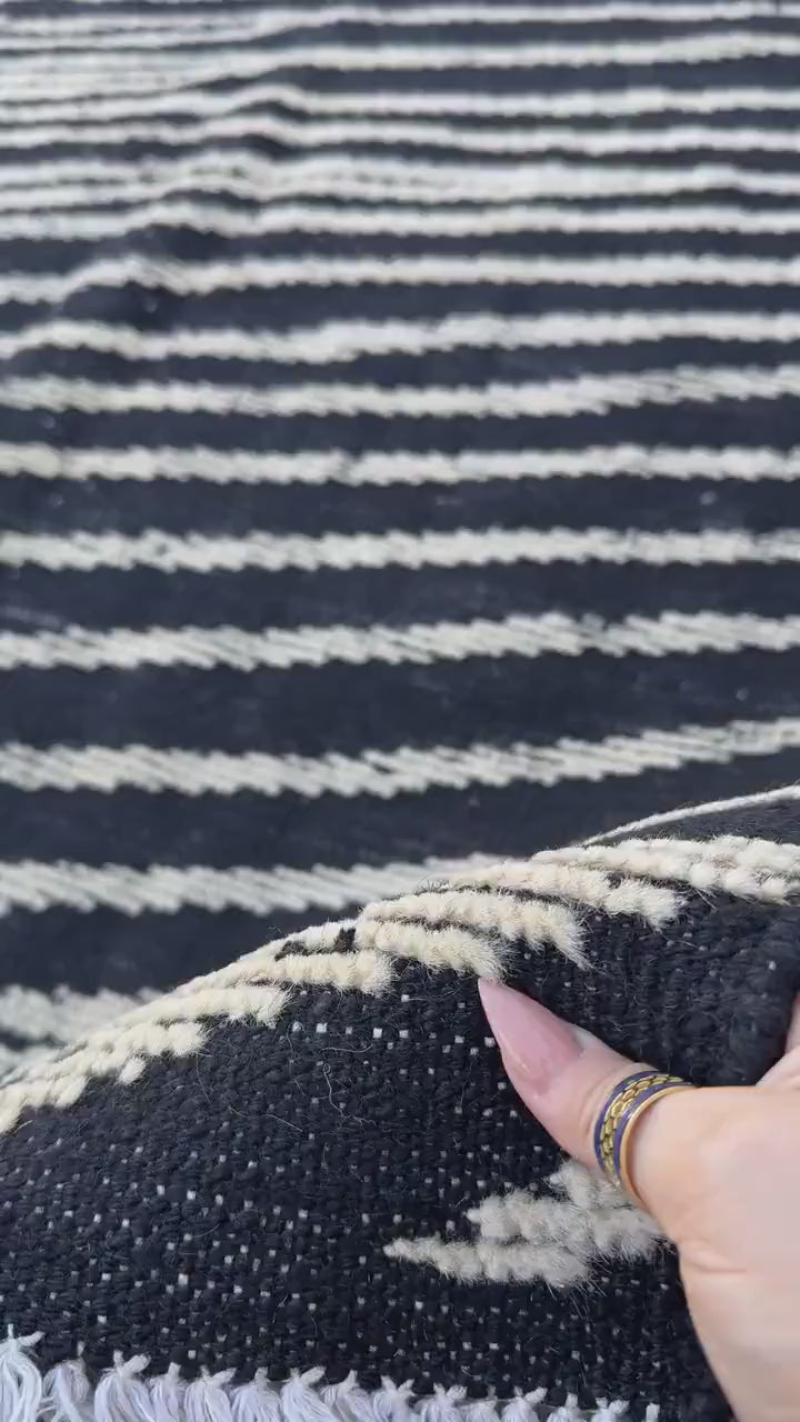 4x6 (121x182) Handmade Afghan Moroccan Rug | Black White Ivory Cream | Wool Plush Hand Knotted Minimalist Contemporary Shag