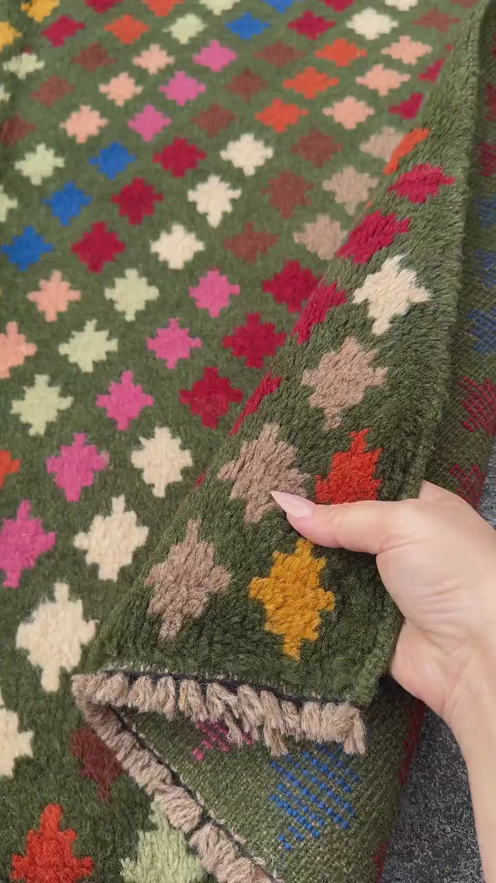 4x6 Handmade Vintage Afghan Baluch Rug | Olive Green Rust Red Burnt Orange Mustard Yellow Cream White Navy Blue Pink Peach | Wool Flatwoven