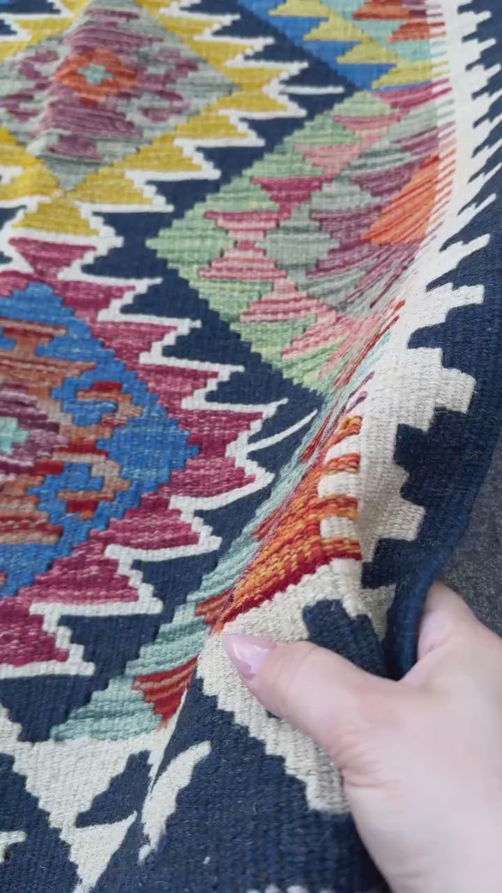 2x5 Handmade Afghan Kilim Runner Rug | Midnight Blue Mustard Olive Moss Green Cream Denim Blue Blood Red Grey Maroon Orange | Wool Turkish