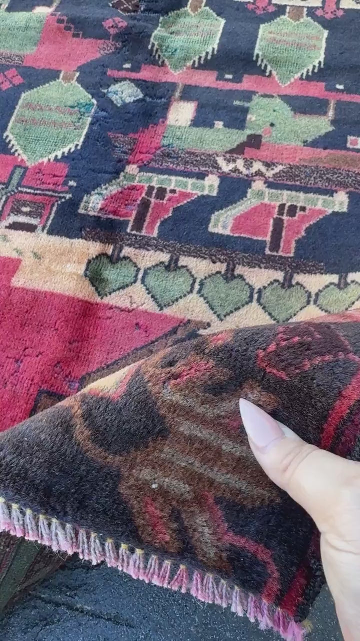 3x5 (91x152) Handmade Vintage Afghan Baluch Rug | Brick Red Midnight Blue Sage Green Black Maroon Peach Saffron Beige Tan Caramel Brown Grey