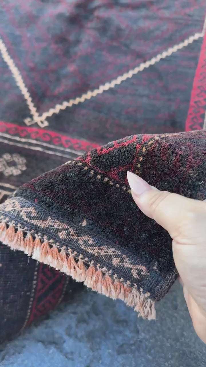 3x4 (91x121) Handmade Vintage Afghan Baluch Rug | Black Brick Red Cream Tan Beige Maroon Burgundy | Wool Geometric Persian Traditional