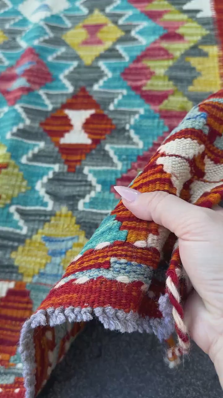 3x5 (91x152) Handmade Afghan Kilim Rug | Teal Turquoise Burnt Orange Mustard Yellow Olive Green Charcoal Grey White Rust Burgundy | Wool