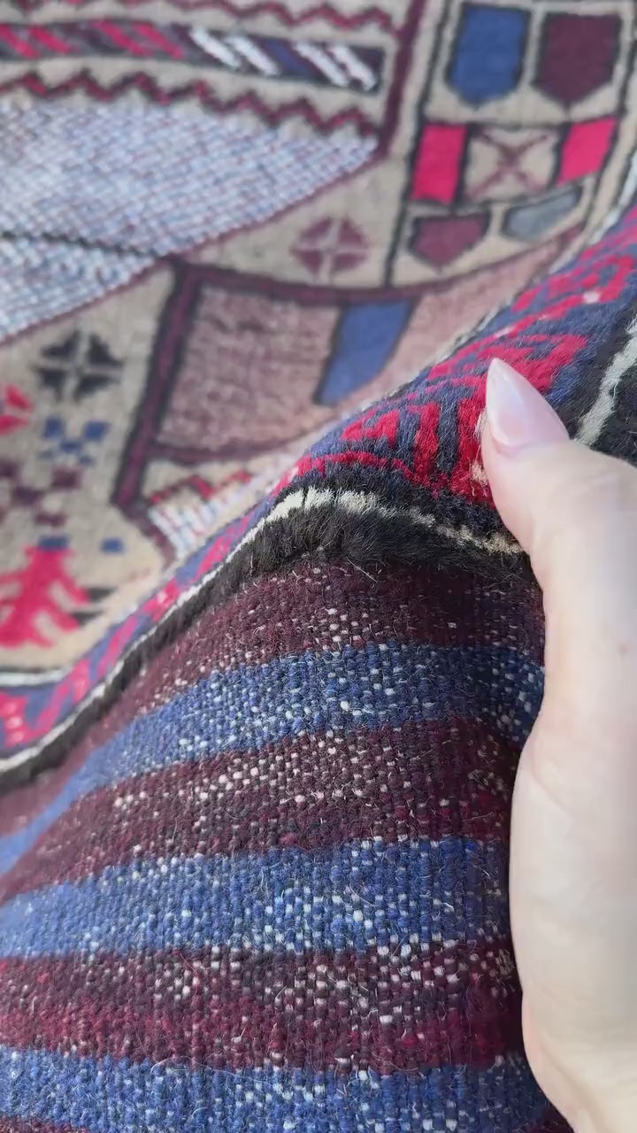 3x4-5 (91x152) Handmade Vintage Afghan Baluch Rug | Crimson Scarlet Wine Red White Ivory Beige Taupe Tan Navy Blue Black | Wool Traditional