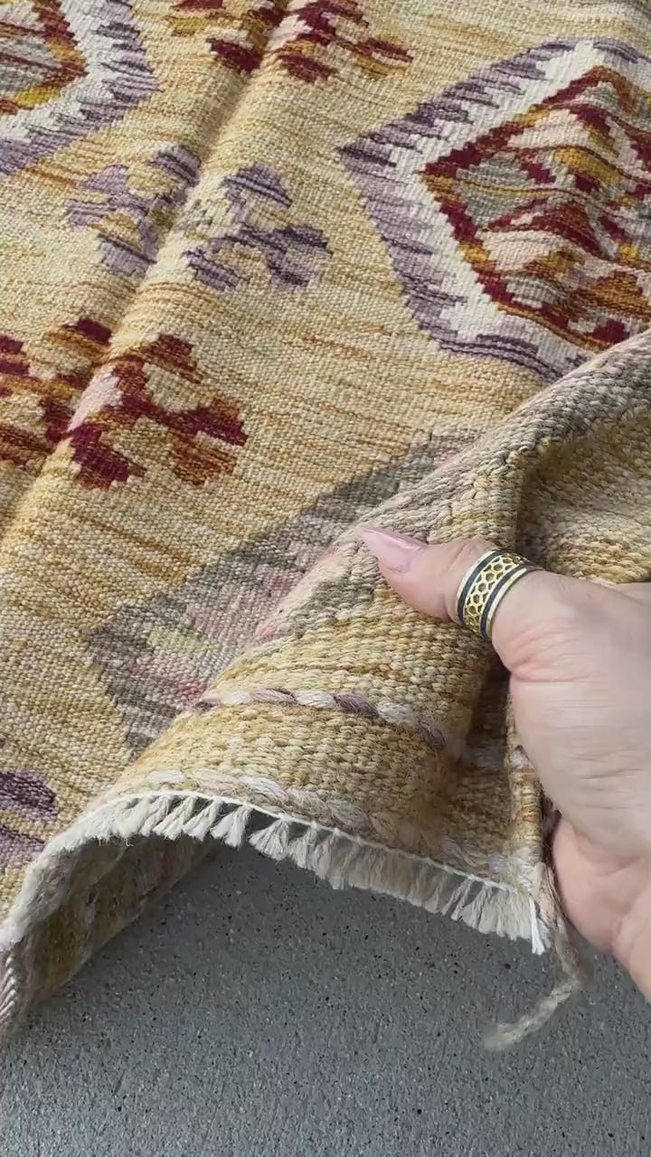 3x5 (91x152) Handmade Afghan Kilim Rug | Saffron Yellow Burnt Orange Tan Blush Pink Purple Lavender Grey White Cream | Wool Flatweave