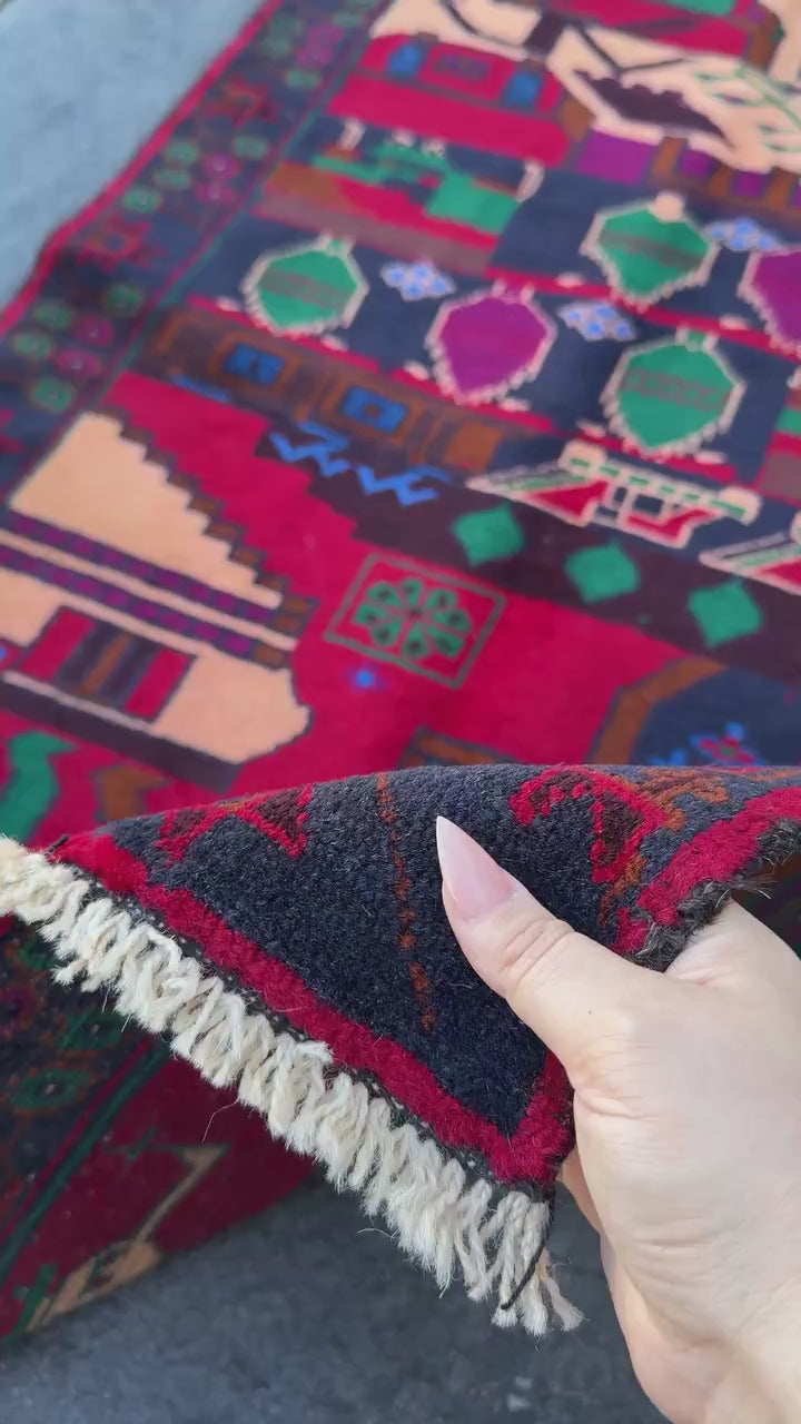 3x5 (91x152) Handmade Vintage Afghan Baluch Rug | Navy Midnight Denim Blue Crimson Maroon Red Plum Purple Forest Green Cream Black | Wool