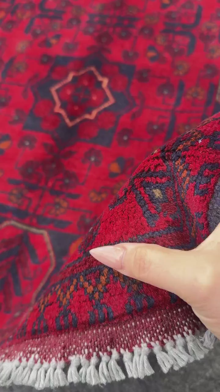 3x4 (91x121) Handmade Afghan Rug | Crimson Scarlet Blood Red Midnight Blue Cream Orange White | Wool Khal Mohammadi Traditional