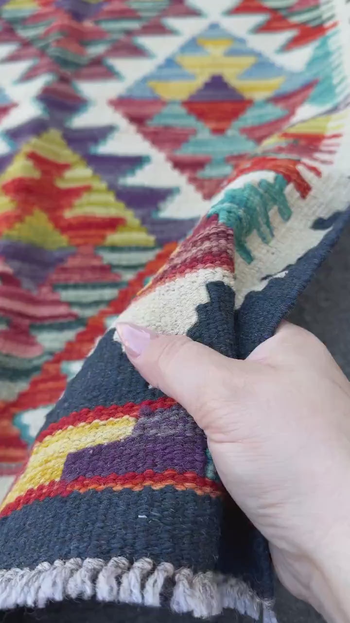 2x5 Handmade Afghan Kilim Runner Rug | Cream White Mustard Aqua Teal Sky Blue Denim Burnt Orange Brick Red Burgundy Lavender Navy