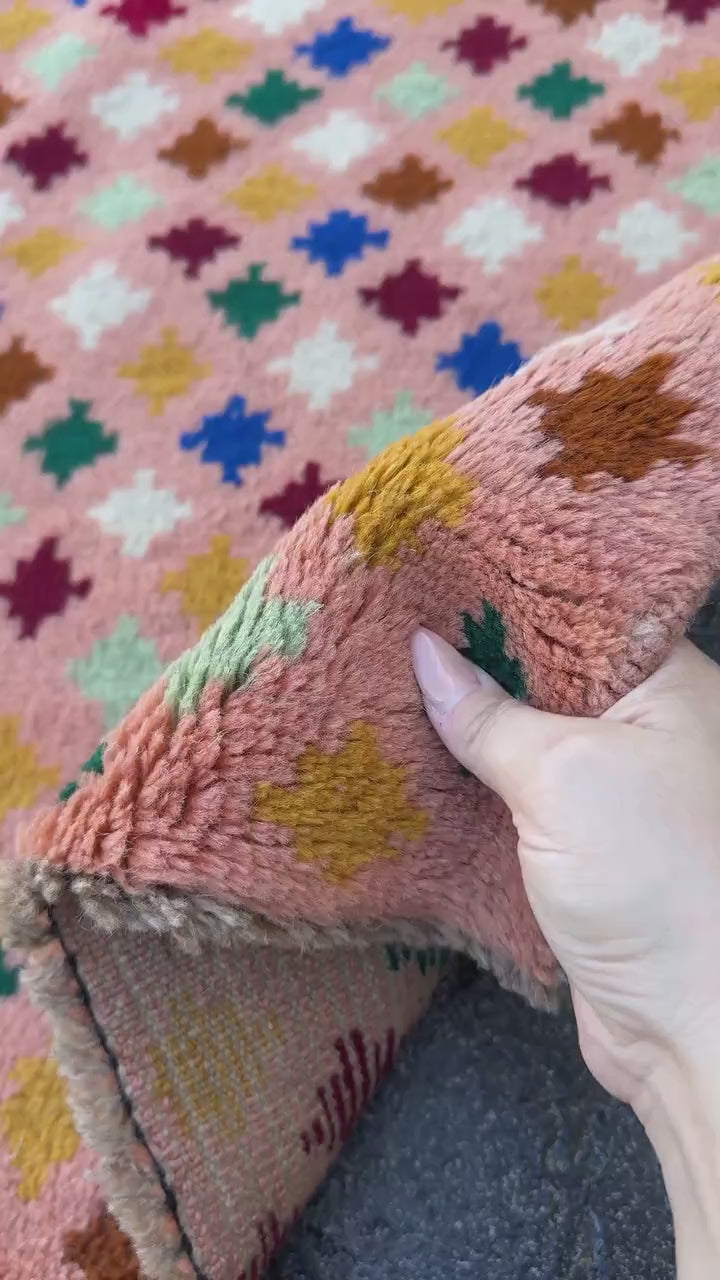 4x6 Handmade Vintage Afghan Baluch Rug | Peach Salmon Pink Forest Mint Green Brick Red Mustard Yellow White Copper Brown Navy Blue | Wool
