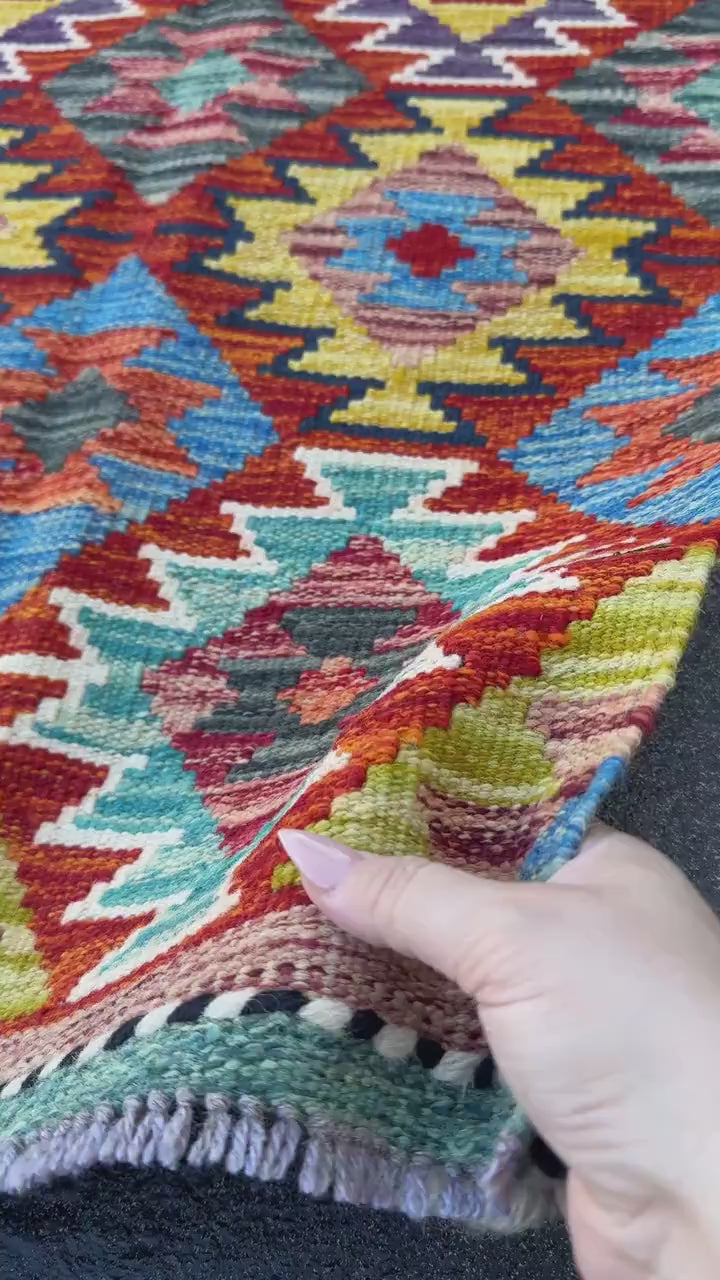 2x5 Handmade Afghan Kilim Runner Rug | Rust Red Burnt Orange Mustard Yellow Teal Aqua Blue Olive Green Purple Cream Grey Black | Flatwoven