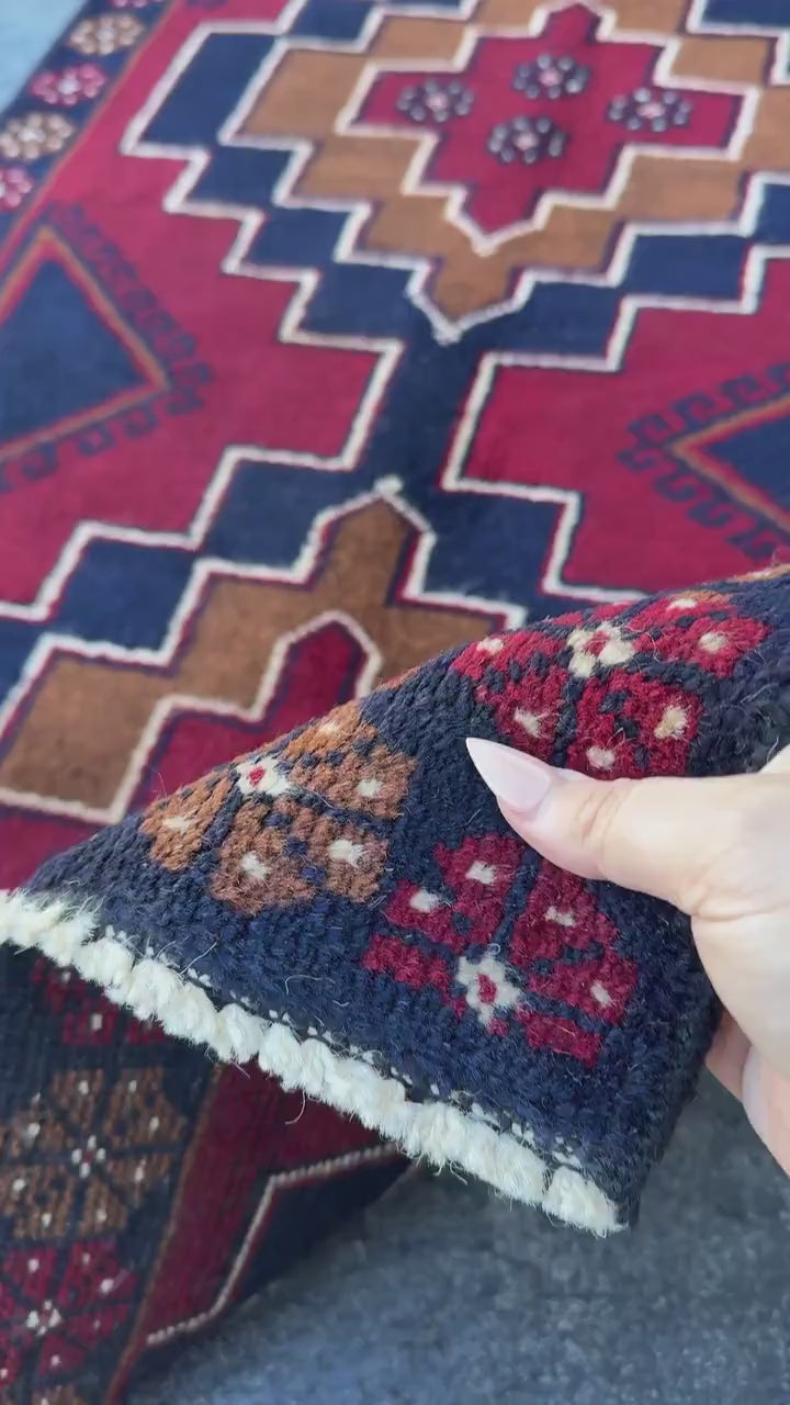 3x4 (91x121) Handmade Vintage Afghan Baluch Rug | Blood Auburn Red Caramel Brown Midnight Navy Blue White Cream Gold | Wool Geometric