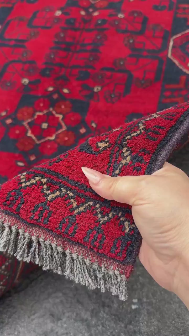 3x4 (91x121) Handmade Afghan Rug | Crimson Scarlet Blood Red Rust Cream White Midnight Blue Black Orange | Wool Khal Mohammadi