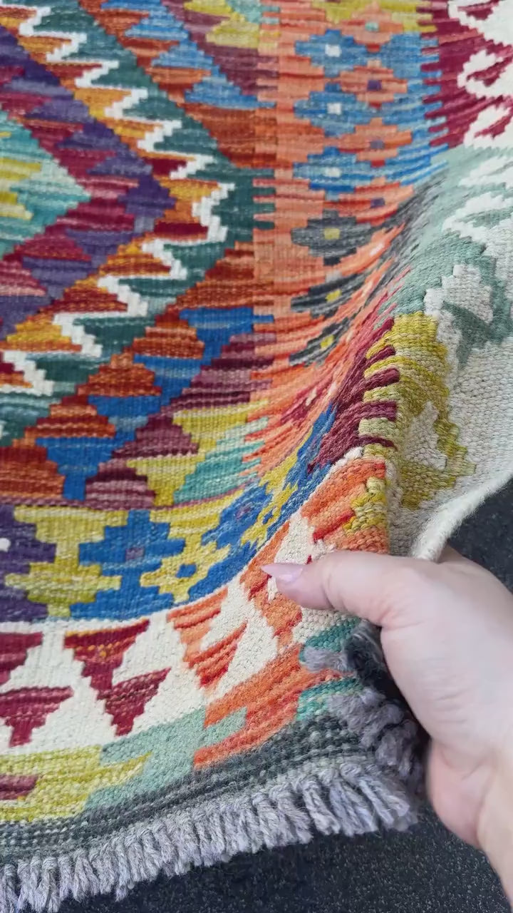 3x5 (91x152) Handmade Afghan Kilim Rug | Rust Red Burnt Orange Mustard Yellow Olive Green Teal Aqua Blue Navy Purple Cream White Grey | Wool