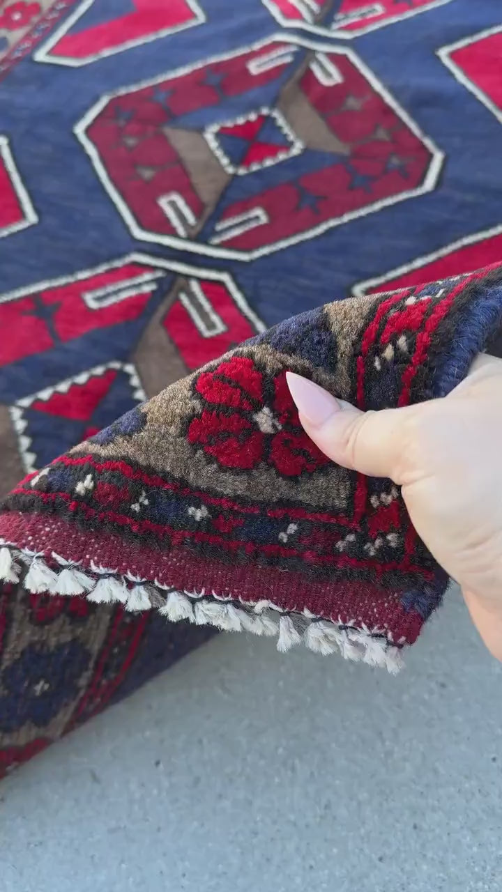 3x5 (91x152) Handmade Vintage Afghan Baluch Rug | Navy Midnight Blue Crimson Red Taupe Tan Beige Grey White Cream Ivory | Wool Traditional