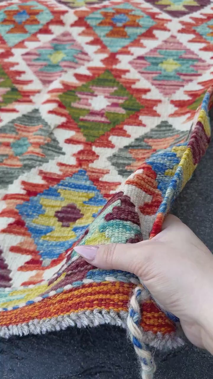 2x5 Handmade Afghan Kilim Runner Rug | Cream White Orange Moss Olive Green Denim Aqua Blue Yellow Grey Black Auburn Maroon Red | Wool