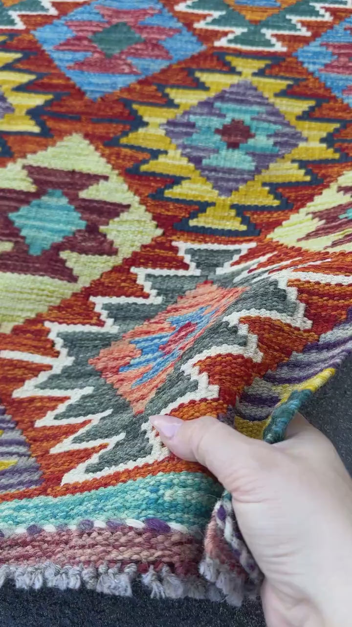 2x5 Handmade Afghan Kilim Runner Rug | Rust Red Burnt Orange Mustard Yellow Olive Green Teal Aqua Blue Navy Purple Cream White Grey | Wool