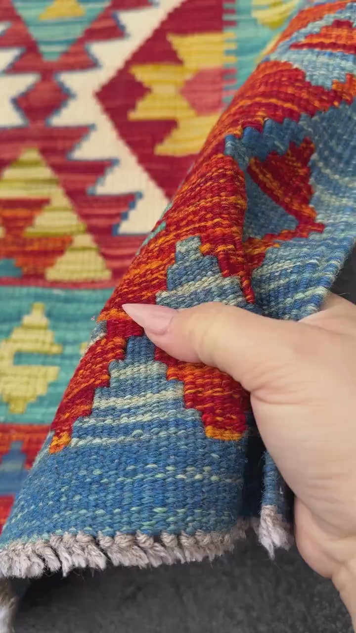 3x5 Handmade Afghan Kilim Rug | Royal Denim Teal Turquoise Blue Cream Scarlet Crimson Blood Red Moss Olive Green Mustard Yellow Burnt Orange