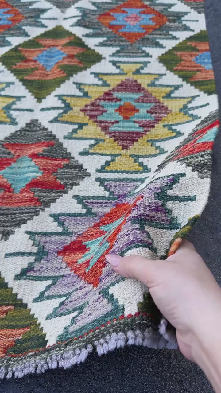 2x5 Handmade Afghan Kilim Runner Rug | Cream White Rust Red Burnt Orange Mustard Yellow Olive Green Teal Aqua Blue Grey Purple Maroon | Wool