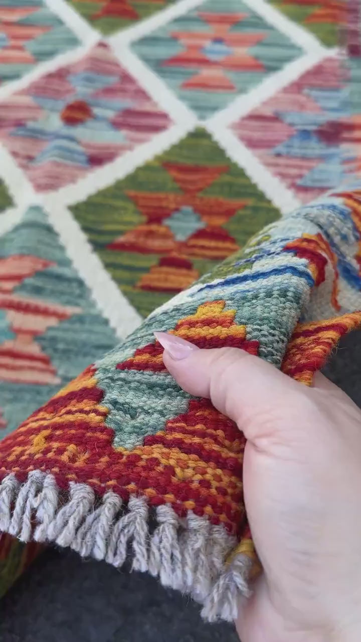 3x4 Handmade Afghan Kilim Rug | Burnt Orange Moss Olive Pine Green Brick Red Ivory Cream Teal Denim Blue | Wool Flatwoven